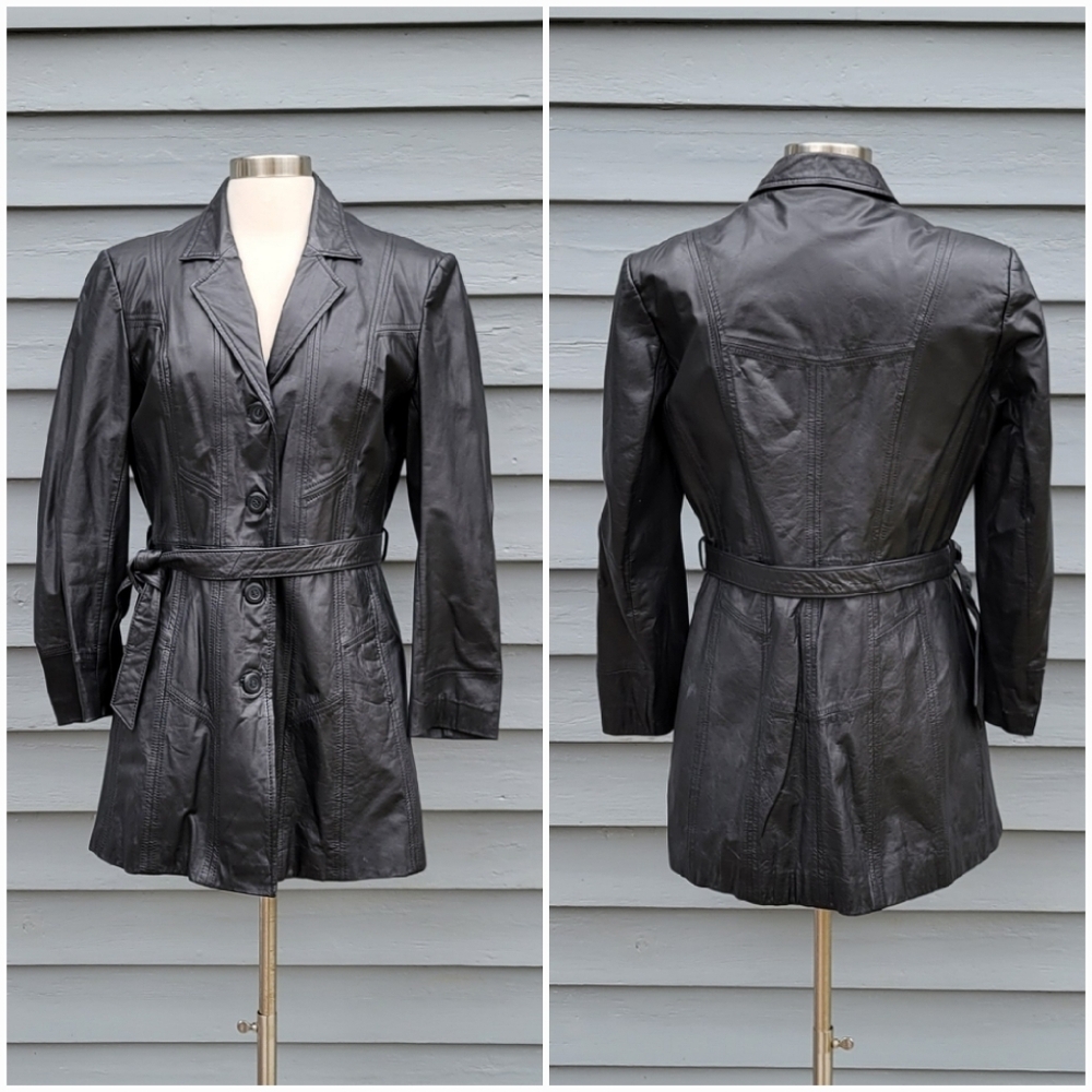 Vintage 70s Black‎ Leather Belted Fur Lined Midi Trench Coat Peacoat Md
